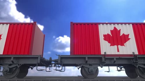 Conteneurs arborant le drapeau du Canada. Transport ferroviaire