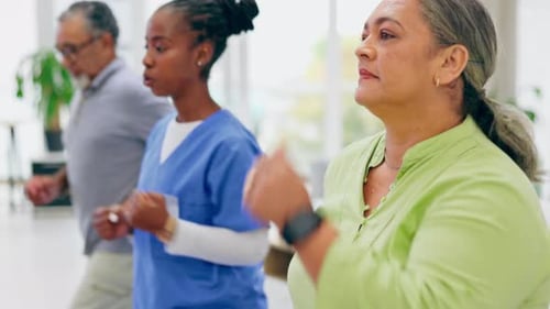 Group Doing Low Impact Exercise in Bright Home