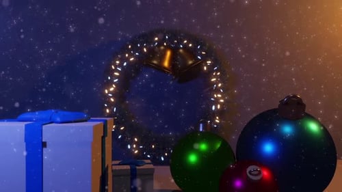 Festive Christmas Decorations with Falling Snow and Twinkling Lights