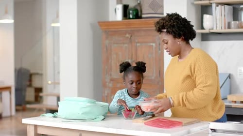 Mother and Daughter Packing Lunch in Kitchen