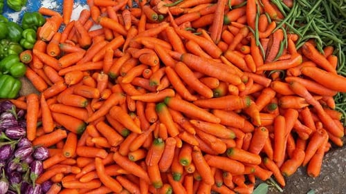 A shot of variety of fresh vegetables such as carrot, beans, capsicum and brinjal