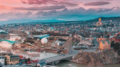 Tbilisi Georgia Day to Night Time Lapse Timelapse Top View Of Famous Landmarks In Spring Sunset