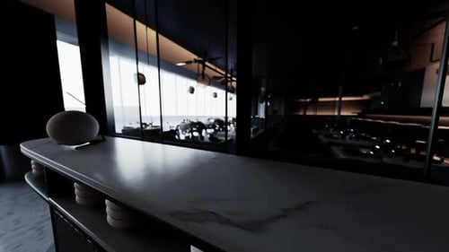 An Empty Upscale Restaurant Interior with a Scenic View During Twilight