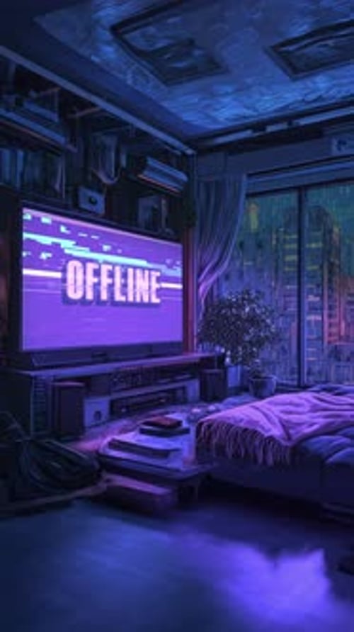 Lo-Fi Cyberpunk 'Offline' Stream Screen – Loopable Animation – Verticle9x16