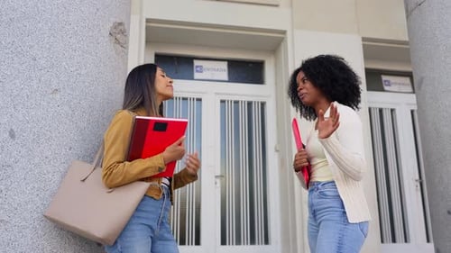 Multiracial Female Students Talking and Laughing at the University Entrance