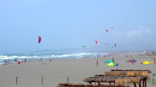 Video (4K, 30 fps) of windy and misty beach full of kiteboarders.