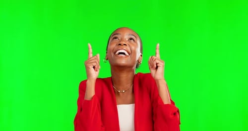 Face, pointing and black woman with green screen, excited and space against studio background