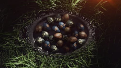 Vintage tray with dark patterned Easter eggs on green grass.