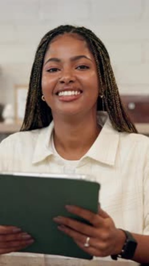 Face, owner and woman with tablet in coffee shop for online sales, small business and service