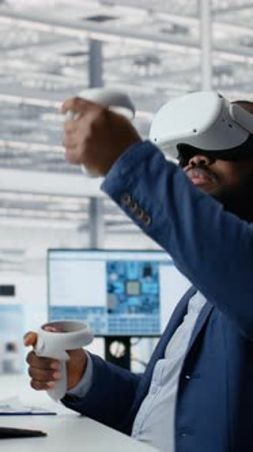 Vertical Video Microchip Factory Lab Specialist Using VR Headset to Analyze Chip Architecture
