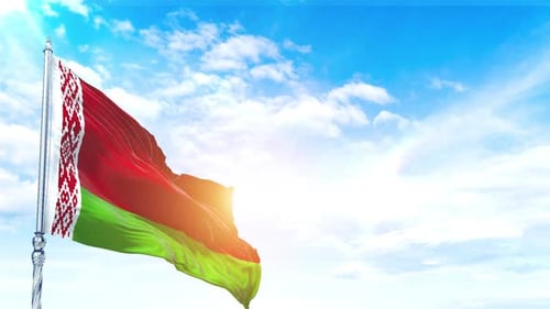 Belarus Flag Waving in Realistic Wind Against Blue Sky