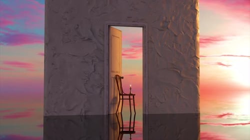 White Concrete Wall and an Open Door to Imaginary World Pink Purple Sunset Surrealism A Candle Burns