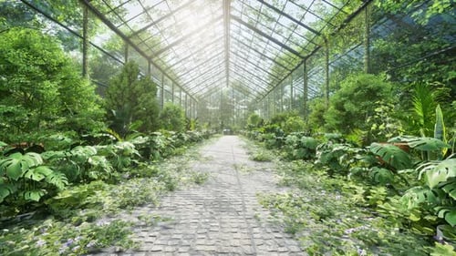 Lush Greenhouse Walkthrough with Sunlight and Green Plants