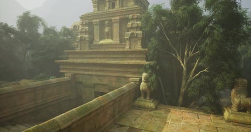 Ancient Temple Ruins Surrounded By Lush Jungle Landscape During Misty Morning