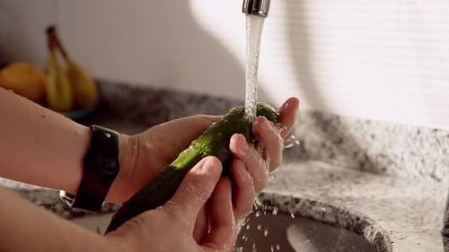 Close Up View of Female Hands Washing Fresh Green Cucumber Under Running Water in Kitchen in Morning