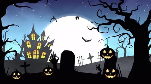 Spooky Halloween Night Animation with Haunted House and Flying Bats