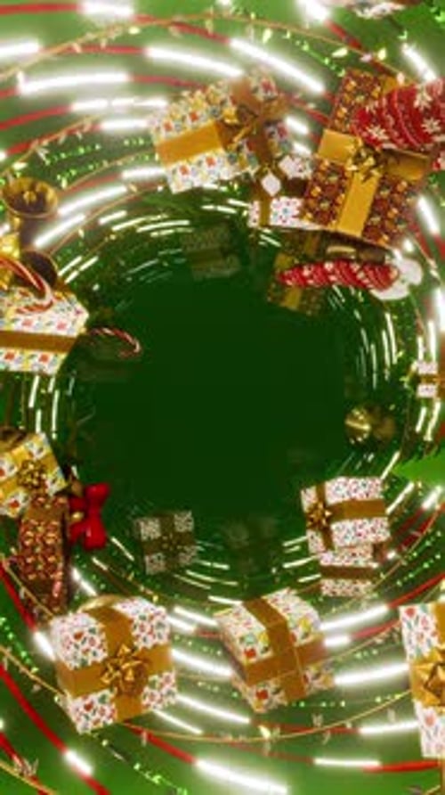 Christmas Gifts and Ornaments Swirling in a Festive Vertical Tunnel