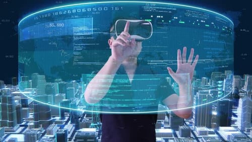 Futuristic VR Data Interface with Holographic City Grid
