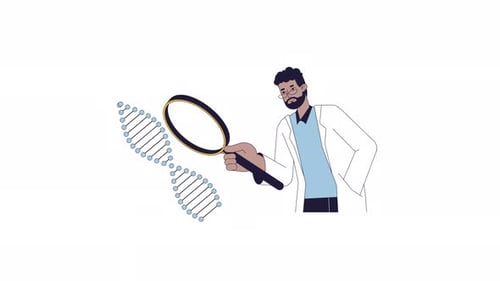 Black researcher studying DNA strand rotating line 2D animation
