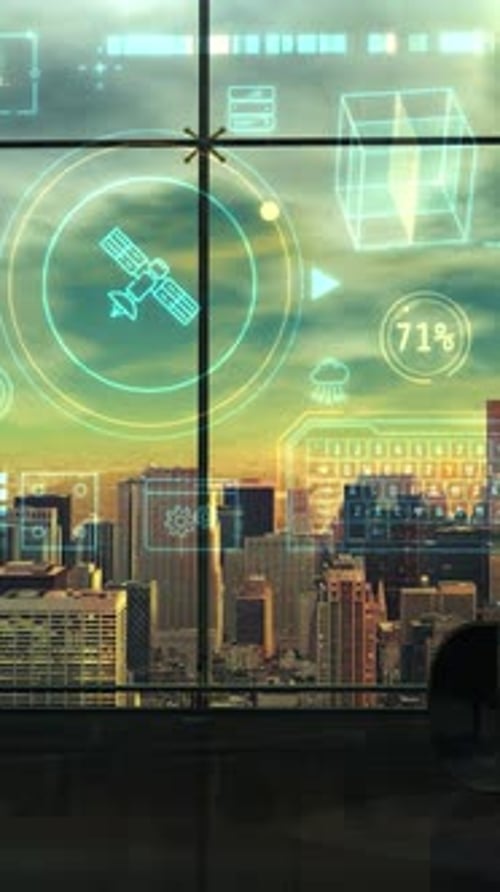 Futuristic Digital Data Interface Overlay on City Skyline