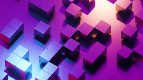 Cubes géométriques dynamiques flottant dans un espace violet et bleu vibrant