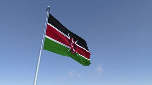 Realistic 3D Animated Kenya Flag Waving Against Blue Sky