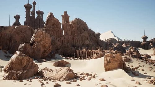 A Desert Scene with Rocks and a Mountain in the Background
