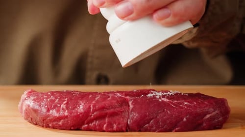 Man Chef Cooking Beef Steak Angus Closeup Professional Cheif Preparing Meat in Restaurant Kitchen