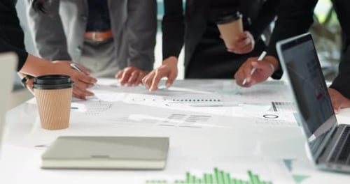 Business people, hands and documents in meeting, planning or corporate strategy on table at office