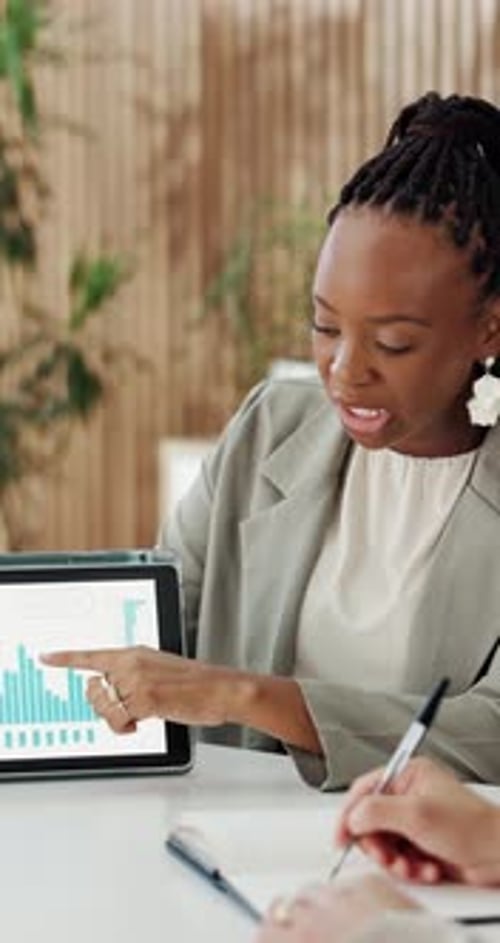 Business, meeting and tablet screen with financial woman in boardroom of office for review of data