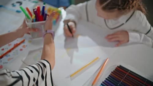 School Kids Drawing Pictures in Art Workshop Closeup Unknown Little Artist