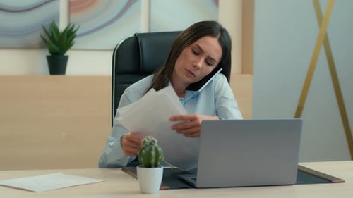Caucasian Girl Business Woman Multitasking Busy Office Employee Talking Mobile Phone Checking Papers