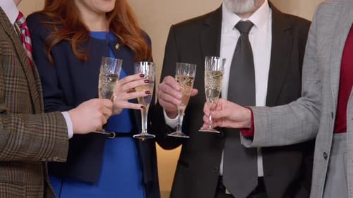 Four Adults Toasting Champagne Glasses Indoors at Celebration
