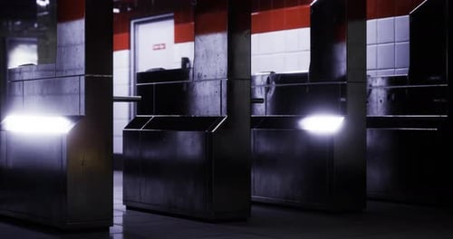 Unique Design of Subway Turnstiles Illuminated in Urban Station at Night