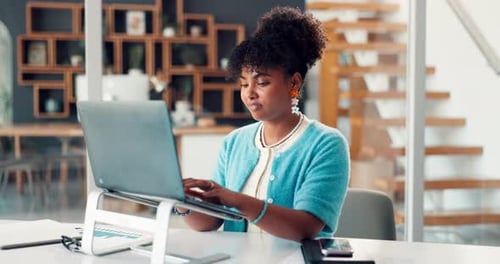 Typing, graphs and woman in office with laptop, finance forecast and risk analysis for company