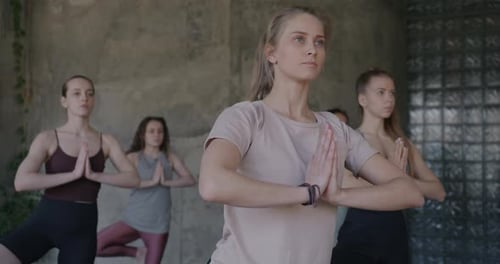 Group of Beautiful Women Doing Yoga Meditating in Balancing Asana Enjoying Relaxation in Studio