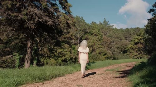 Woman Walks Down Rural Path to Forest