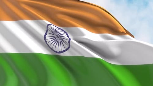 Indian National Flag Waving in Wind with Blue Sky