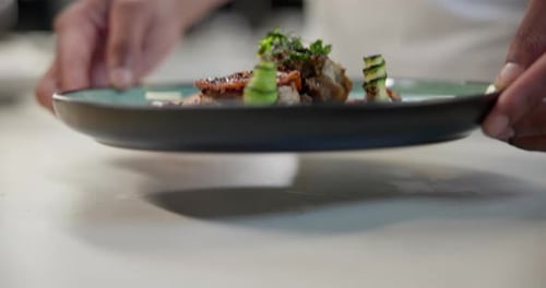 Restaurant, steak and plate with meat on luxury, gourmet or fine dining menu with spices and herbs