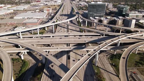 Aerial view of Interstate I-10 freeway and Bellway 8 Houston Texas. Parallax shot of the intersectio