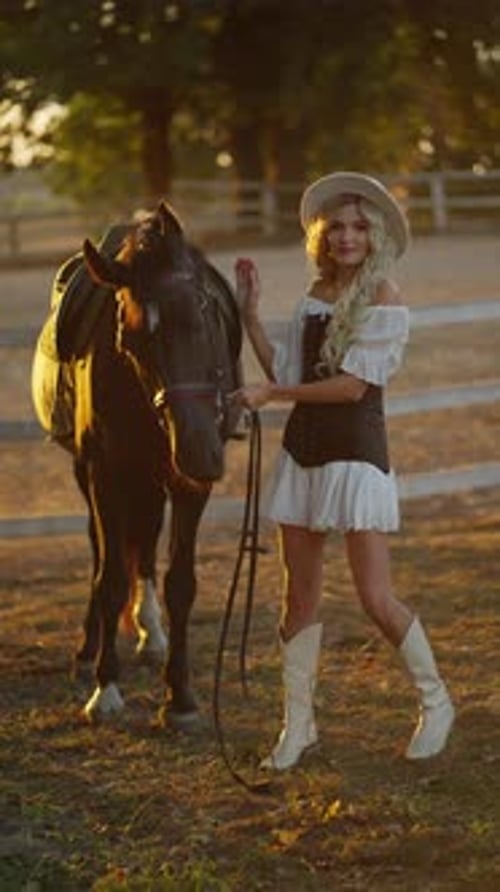 Woman with Horse in Golden Light, Rural Scene