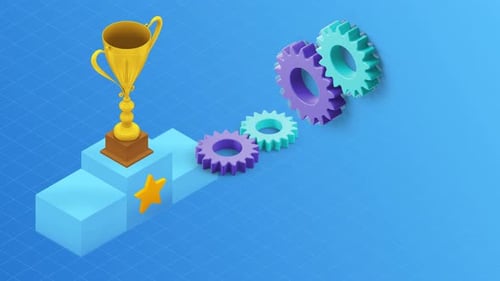 Business Achievement Animation – Trophy on Steps with Gears and Progress Elements 3D Illustration