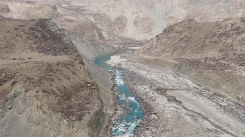 Aerial View of a Turquoise River Winding Through a Mountainous Valley in Pakistan