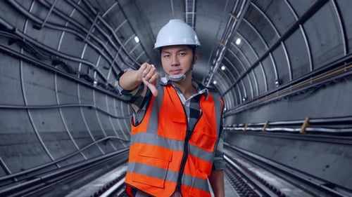 Asian Male Engineer Showing Thumbs Down Gesture And Shaking His Head In Subway Tunnel