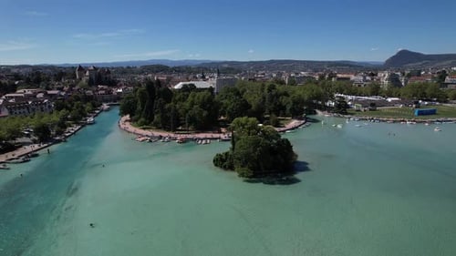 Aerial View of Annecy City Centre Gardens of Europe or Jardins De l Europe in Haute Savoie France