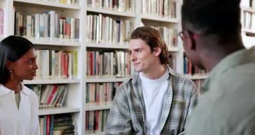 Library, student discussion and books with education, university and study group for college
