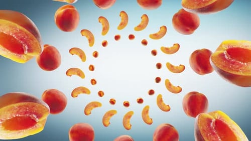 Flying Peach and Peaches Slices in Cyan Paster Background