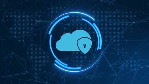 Animated Cloud Security Icon on Digital World Network Background