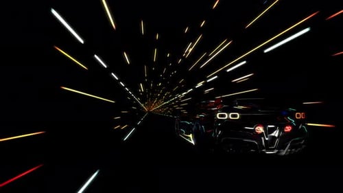 Futuristic Car Speeding Through a Neon Light Tunnel