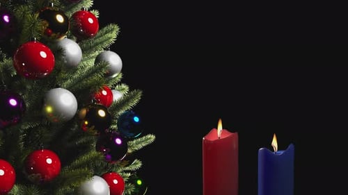 Christmas tree with toys and candles on transparent background with alpha channel